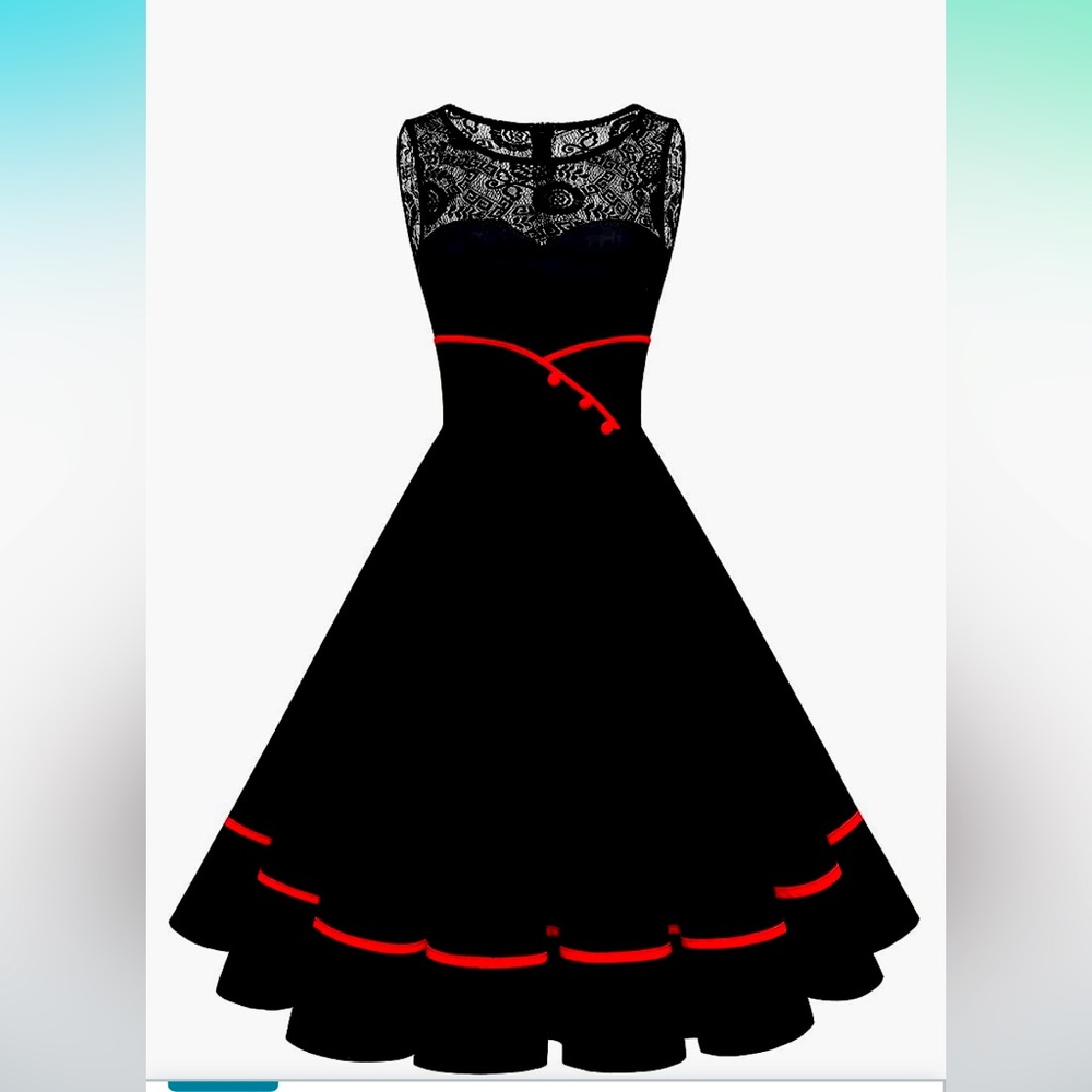 Black Lace Fit-and-Flare Midi Dress with Red Trim - Picture 1 of 11